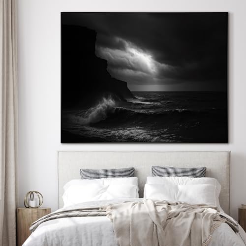 36"x46" Extra Large Framed Wall Art Dramatic Black and White Ocean Waves with Cliff and Stormy Sky for Home Living Room Bedroom Decor