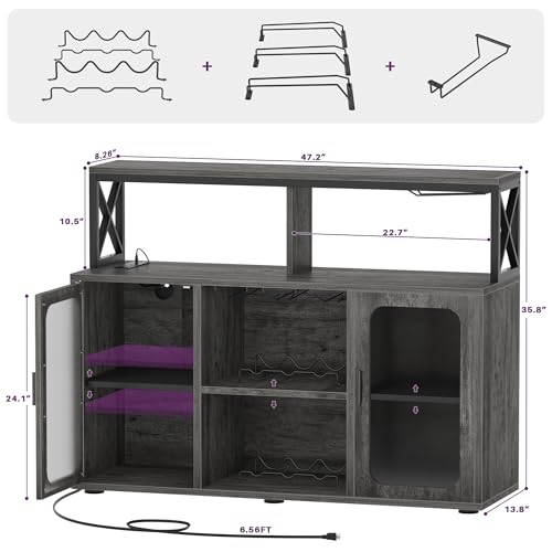 Modern Grey Oak Bar Cabinet with LED Lights & Power Outlets