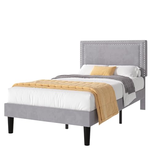 Twin Size Platform Bed Frame with Adjustable Upholstered Headboard