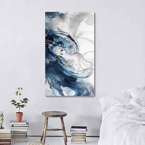 Blue Abstract Wall Art Modern Canvas Art Wall Decor Artwork For Walls Living Room Large Painting Office Pictures For Wall Navy Gold Contempor Decorations For Bedroom Size 20x40