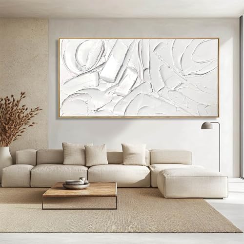 White Artwork for Walls Contemporary Abstract Art Hand Painted 29"x58" Line Art Wall Decor Large Wall Art for Living Room Bedroom Hotel