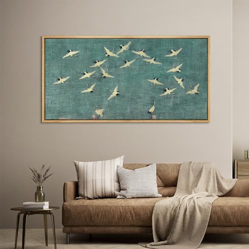Extra Large Framed Canvas Print Wall Art Serene Skies White Birds in Flight on Teal Antique Retro Fine Art Illustrations Decorative Colorful for Bedroom