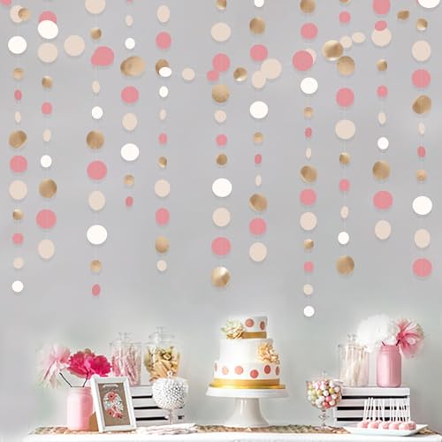 Champagne Gold Dusty Pink Decorations Circle Dots Garland Gold Pink Nude Neutral Cream White Boho Hanging Polka Dot Streamer for Bridal Shower Birthday Wedding Engagement Party Supplies
