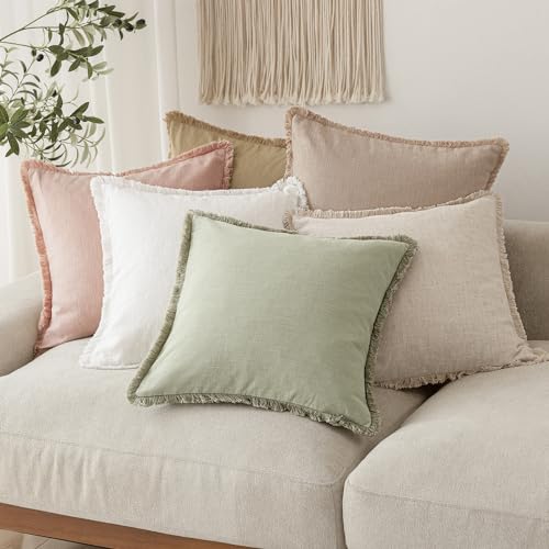 Decorative Linen Fringe Throw Pillow Covers 24×24 Light Green (2 Count)
