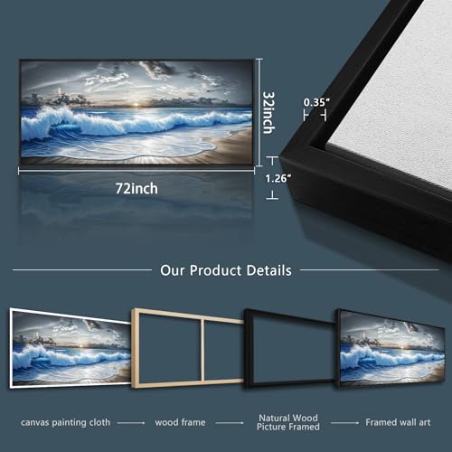 Large Canvas Modern Black White Printed Artworks Wall Decor For Living Room Wall Art For Bedroom Office Dining room Blue Ocean Wave Painting Wall Pictures Home Decor 32"X72" Black Frame