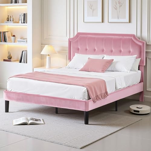 Queen Size Bed Frame with Velvet Upholstered Headboard