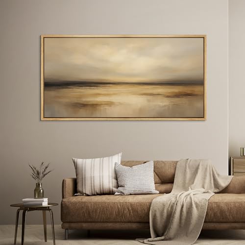 Extra Larg Framed Canvas Print Wall Art Golden Sunset Horizon Abstract Modern Neutral Illustrations Decorative Colorful for Bedroom