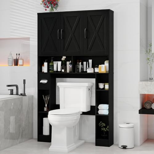 Over The Toilet Storage Cabinet with 3 Barn Doors.Black