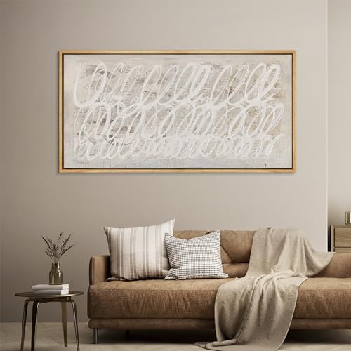 Extra Large Framed Canvas Print Wall Art White Abstract Calligraphy Antique Retro Fine Art Illustrations Decorative Colorful for Bedroom