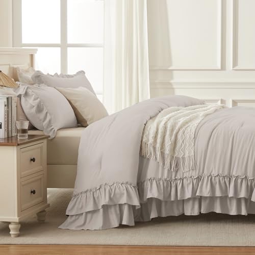 Linen Grey Twin Size Ruffle Comforter Set