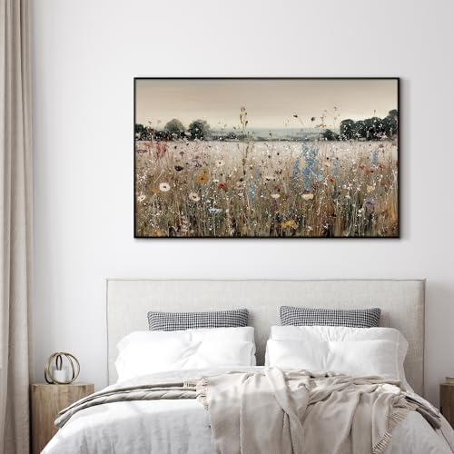 36"x60" Extra Large Framed Wall Art Wildflower Meadow Landscape Soft Pastel Field Illustration for Home Living Room Bedroom Decor