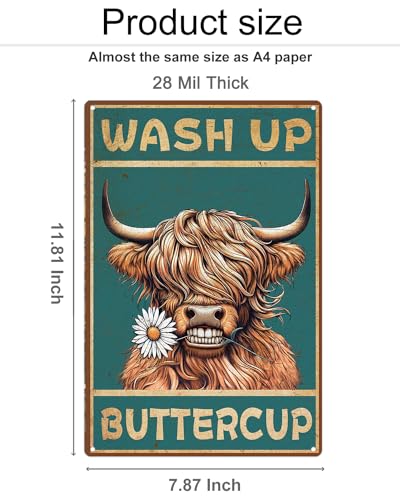 Highland Cow Wash Up Buttercup Sign Vintage Bathroom Decor 8x12"