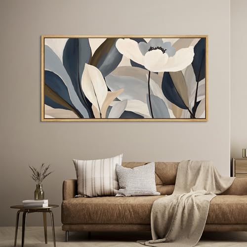 Extra Large Framed Canvas Print Wall Art Neutral Toned Floral Abstract Antique Retro Fine Art Illustrations Decorative Colorful for Bedroom