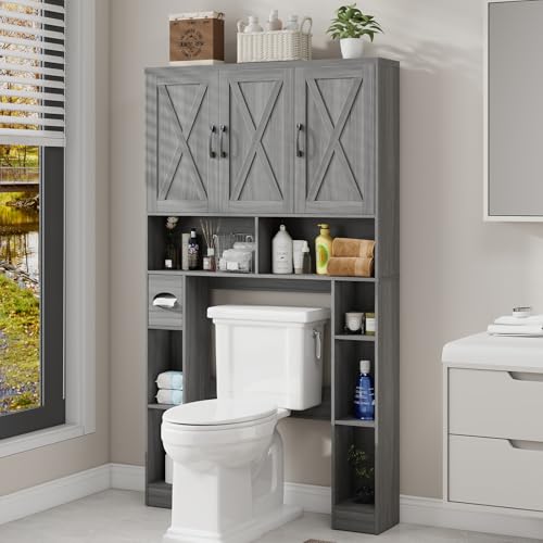 Over The Toilet Storage Cabinet with 3 Barn Doors.Wash Grey