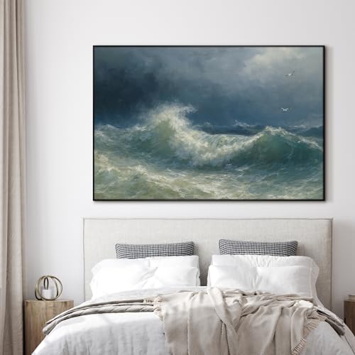 46"x72" Extra Large Framed Wall Art Dramatic Ocean Waves with Stormy Sky and Seagulls for Home Living Room Bedroom Decor