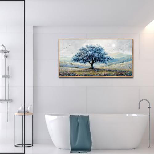 Wood Framed Canvas Wall Art For Living Room Wall Decor For Bedroom Modern Office Wall Decoration Blue Tree Landscape Paintings Farmhouse Pictures Artwork Aesthetic Home Decor 20x40 In