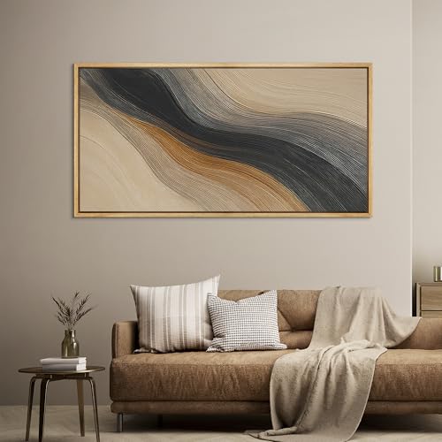 Extra Larg Framed Canvas Print Wall Art Abstract Wave Pattern Neutral Black and Brown Modern Geometric Illustrations Decorative Colorful for Bedroom
