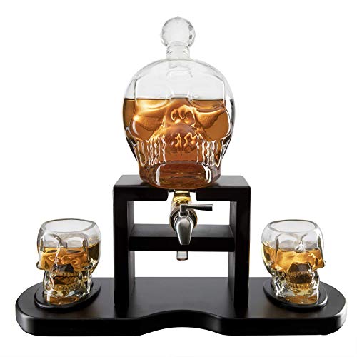 Skull Skeleton Wine & Whiskey Decanter Set 750mL with 2 Skull Shot Glasses 3oz (4 Count)