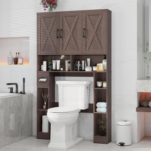 Over The Toilet Storage Cabinet with 3 Barn Doors.Espresso