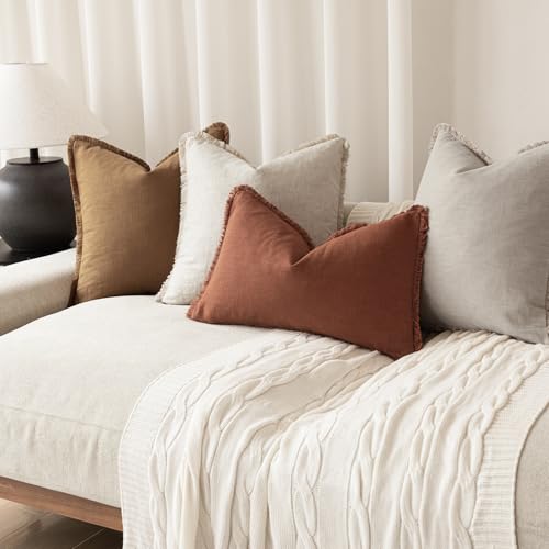Decorative Linen Fringe Throw Pillow Covers 24×24 Rust Orange (2 Count)