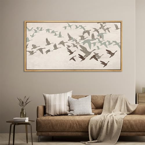 Extra Large Framed Canvas Print Wall Art Wild Freedom Assorted Birds in Flight Antique Retro Fine Art Illustrations Decorative Colorful for Bedroom