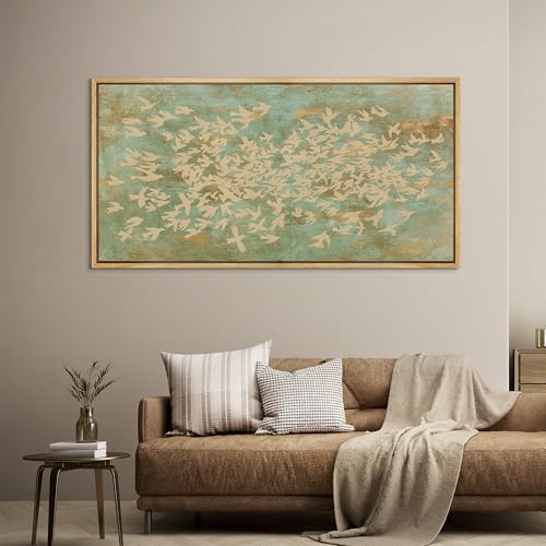 Extra Large Framed Canvas Print Wall Art Rustic Birds in Flight Abstract Pattern Antique Retro Fine Art Illustrations Decorative Colorful for Bedroom