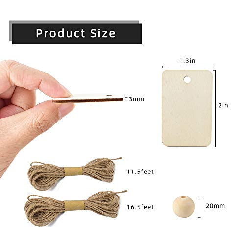 50 Pcs Rectangle Wooden Tags with Holes and 50 Pcs DIY Wood Craft Beads Wooden Blank Hanging Box Tags Ornaments with Ropes Wedding Birthday Party Decoration (102 Count)