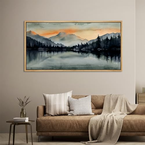 Extra Large Framed Canvas Print Wall Art Sunset Mountain Range and Lake Panoramic Antique Retro Fine Art Illustrations Decorative Colorful for Bedroom