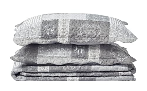 Grey Heart Love & Lace Floral Patchwork Quilt Set