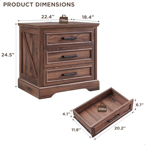 22" Farmhouse 3 Drawer Dresser for Bedroom