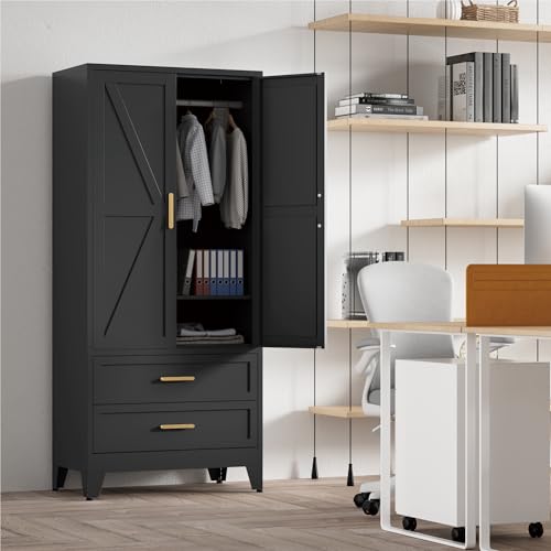 71'' Farmhouse Metal Wardrobe Cabinet with Hanging Rod
