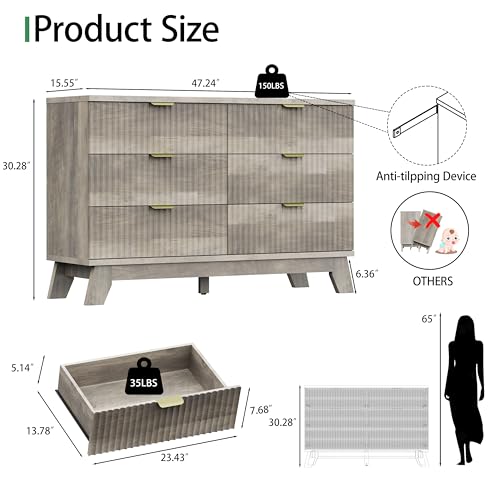 Fluted Dresser for Bedroom with 6 Drawers