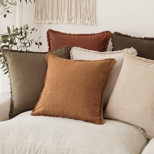 Decorative Linen Fringe Throw Pillow Covers 18×18 Inch (2 Count)