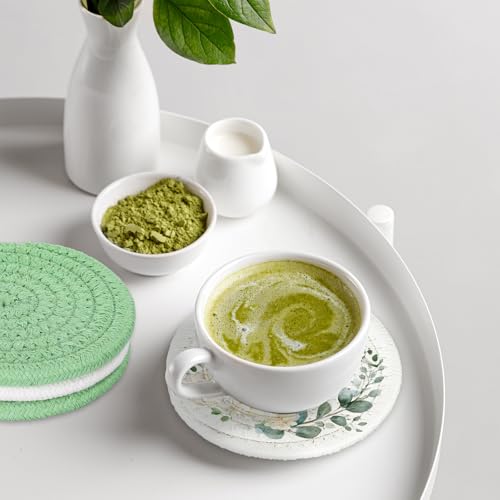 Eucalyptus Floral Cotton Coasters Flower Leaves Handmade Braided Drink Coasters Green Absorbent Cup Mat for Spring Wedding Baby Shower Party Home Office Table Decor (4 Count)