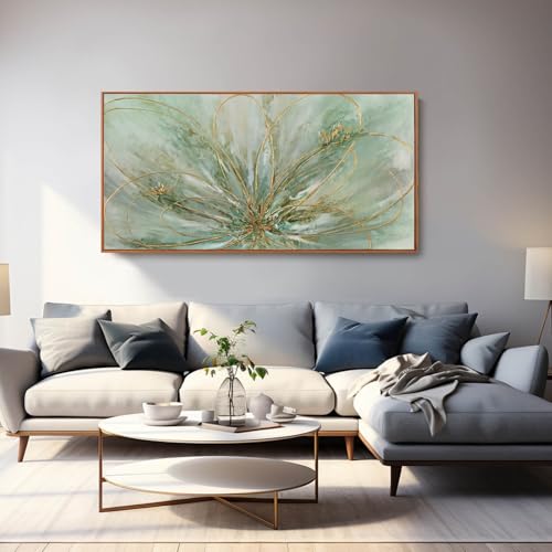 Green Abstract Canvas Artwork Flowers Wall Decor for Office Line Art Painting 24"x 48" Pictures for Bedroom Dining Room Neutral Wall Art