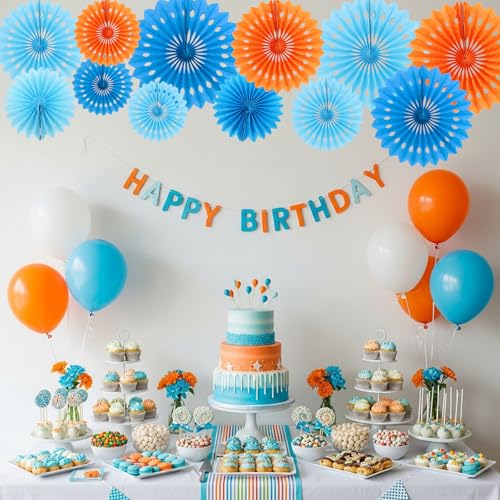 Honeycomb Round Paper Fan Blue Mix Orange Hanging Party Decoration (11 Count)