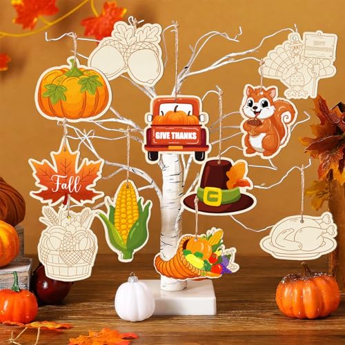 36PCS Wooden Thanksgiving Decoration Fall Ornaments to Paint Happy Thanksgiving Crafts Cutouts Unfinished (36 Count)