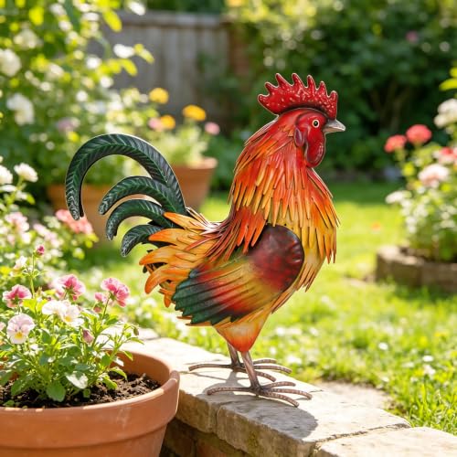 Rooster Garden Statue Sculpture Metal Chicken Yard Decor Outdoor Figurines Patio Backyard Decoration