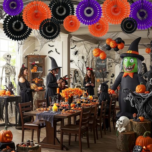 Honeycomb Round Paper Fans Black Orange Purple Hanging Party Decor (11 Count)