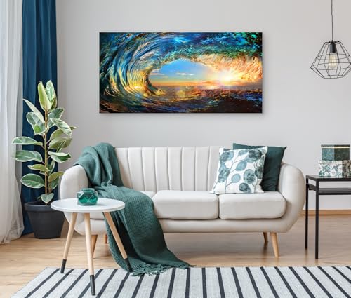 S06798 Giant Wave Water Wall Art Canvas Prints 1 Panels Ocean Waves Pictures Paintings with Sunset Blue Seascape Framed for Living Room Bedroom Kicthen Office Artwork