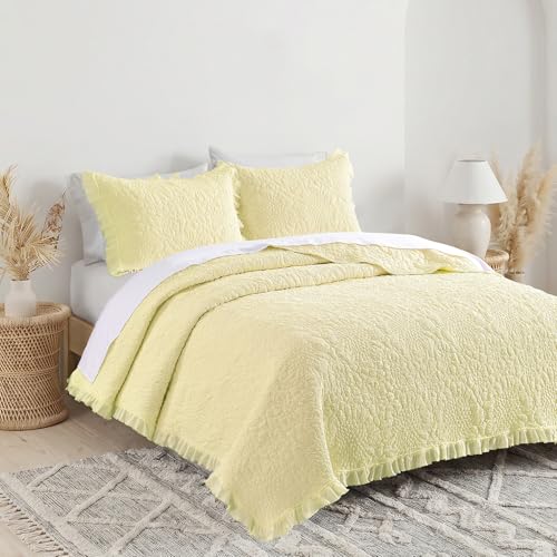 Pastel Yellow Ruffled Quilt King Size (3 Piece Set)