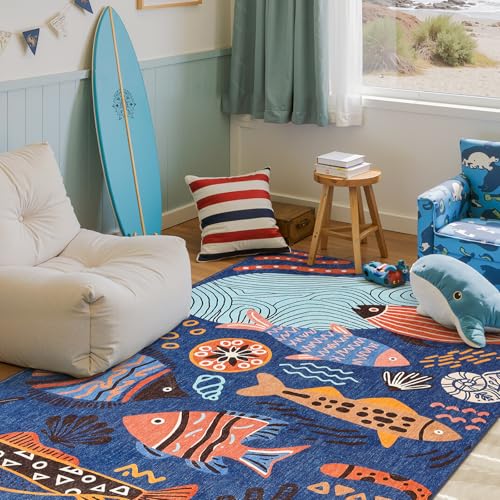 5x7 Coastal Area Rug Kids Washable Fun Rug Colorful Ocean Fish Indoor Floor Cover Non Slip Lightweight Soft Cozy Carpet for Bedroom Nursery Playroom Daycare Living Room (35 Sq Ft)