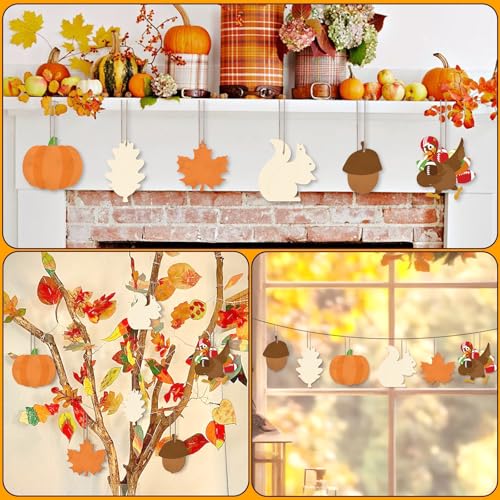 24 PCS Unfinished Wooden Thanksgiving Crafts Mixed Shaped Hanging Ornaments (24 Count)
