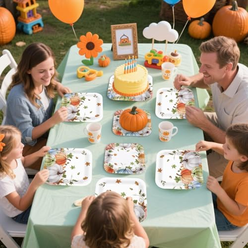 200Pcs Fall Plates and Napkins Square Autumn Pumpkin Plates Thanksgiving Paper Platter Tableware Sets for Thanksgiving Harvest Party Decorations (200 Count)