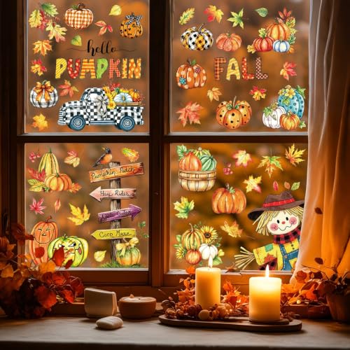Fall Window Clings Maple Leaves Pumpkins Scarecrow Truck Autumn Harvest (74 Count)