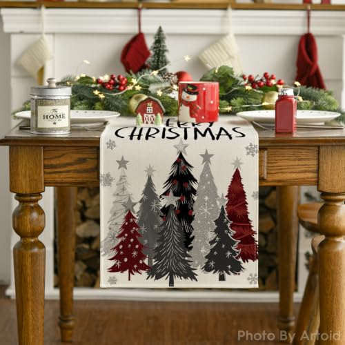 Grey Red Xmas Trees Table Runner Home Party Decor 13x72 Inch