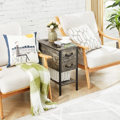 End Tables Narrow Nightstands with Charging Station & USB Ports &Drawers