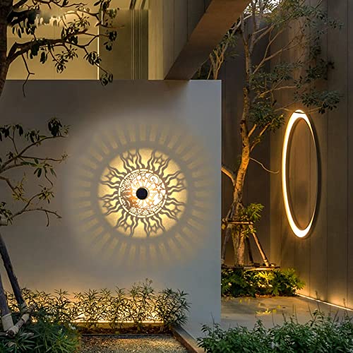 4 Pack Solar Fence Lights Metal Solar Powered Outdoor Wall Deck Lights Sun Moon Theme Waterproof Fence Light for Garden Post Patio Backyard Yard Decor (4 Count)
