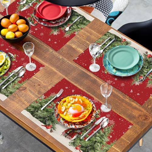 Snowman Christmas Red Placemats Set of 4 Xmas Tree Cardinal Snowflakes Linen Table Mats Seasonal Winter Holiday Place Mats Washable Placemat for Party Kitchen Dining Outdoor Indoor Decor (4 Count)