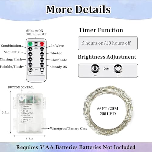 2 Pack Fairy Lights Battery Operated with Remote 66FT 200 LED Cool White (2 Count)